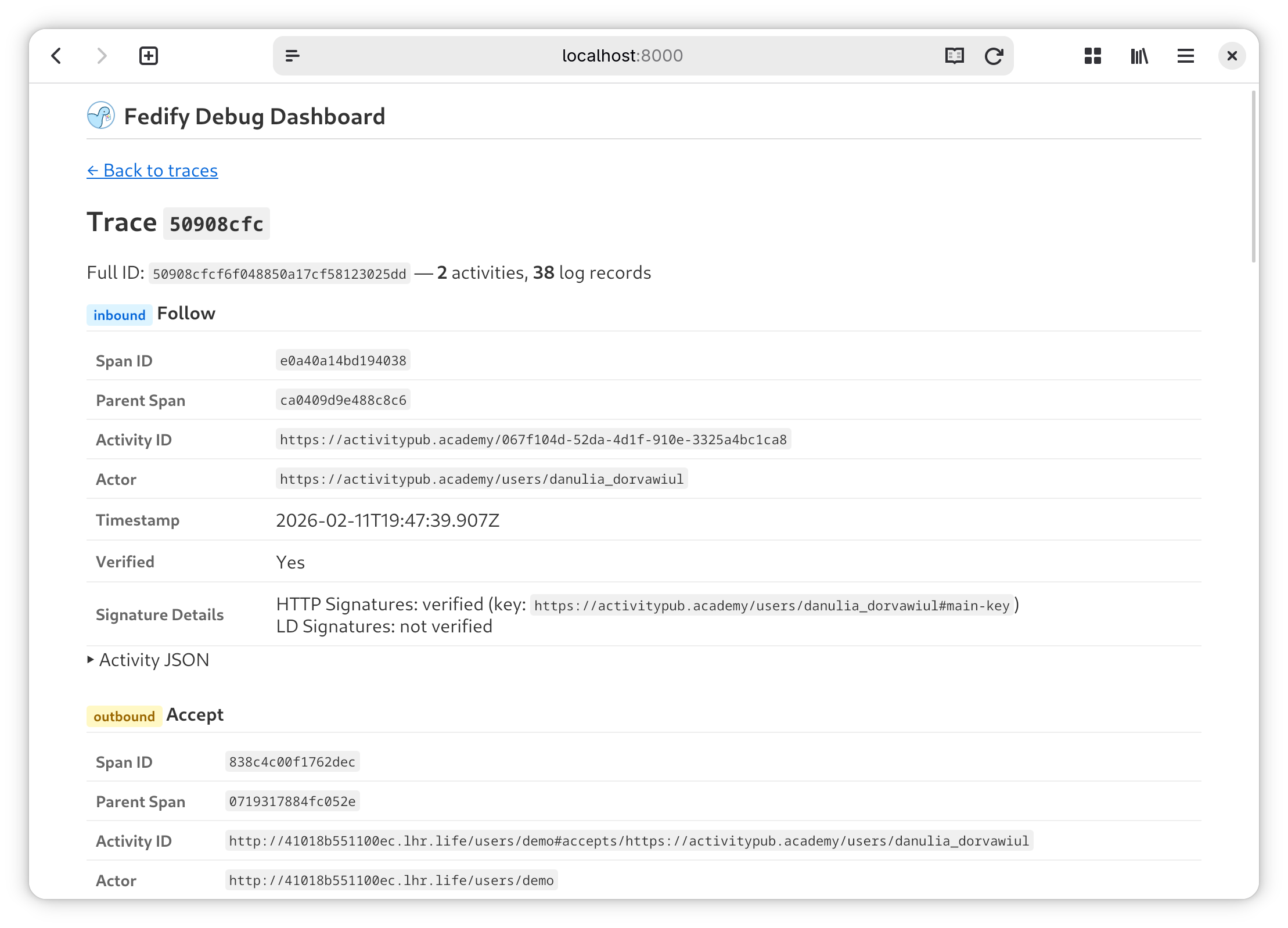 Trace detail page of the debug dashboard